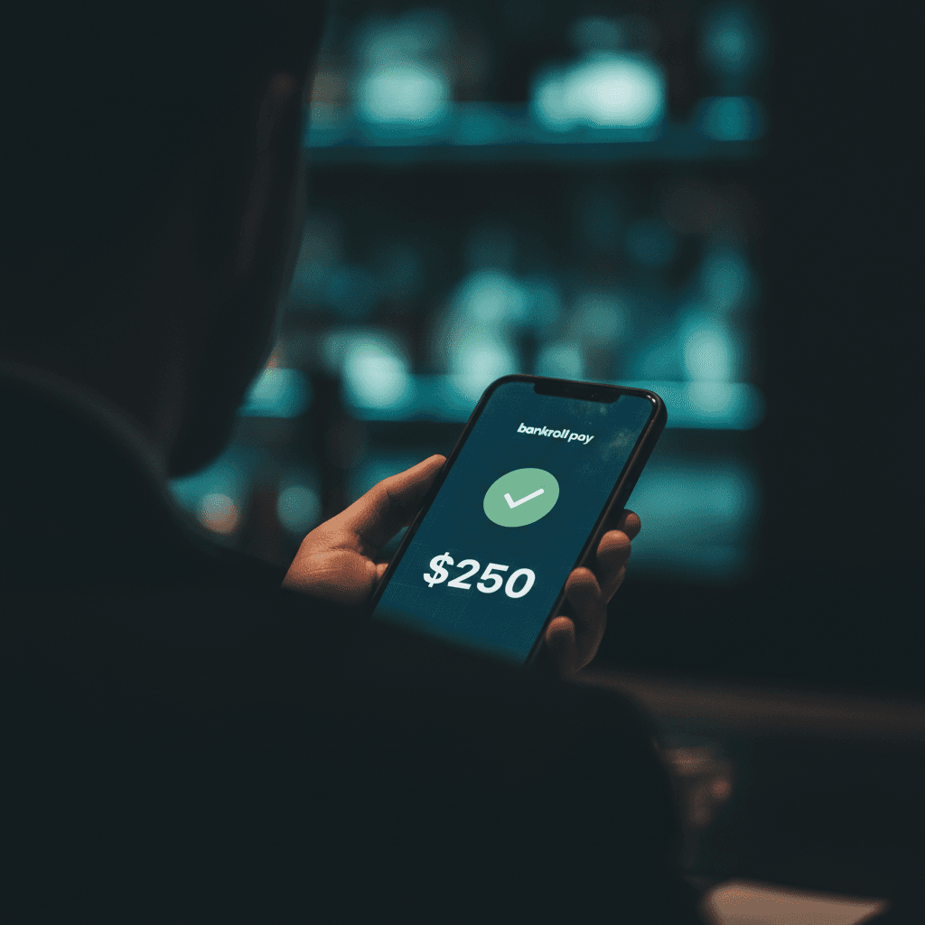 A phone held at a dim-lit bar showing a bankroll pay payment confirmation for $250