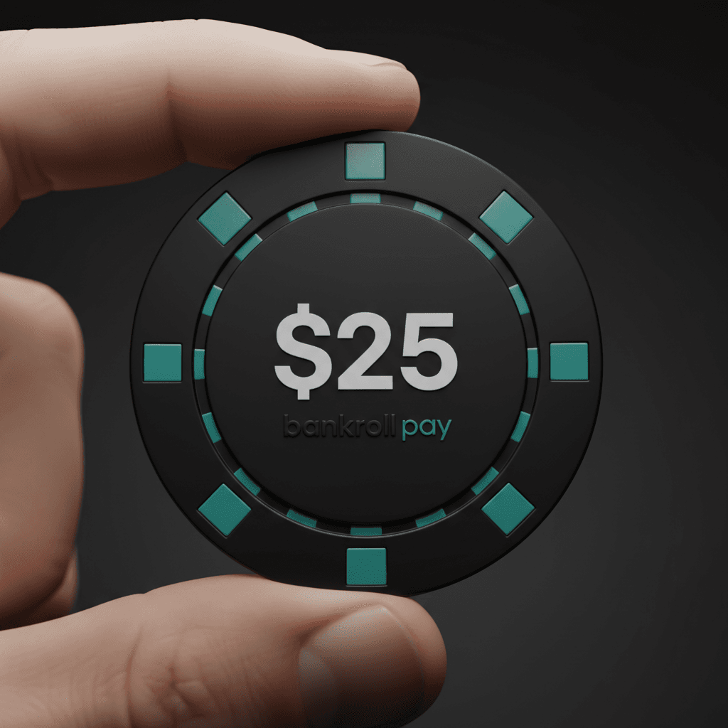 A matte-black bankroll pay poker-style chip with teal edge spots and a $25 denomination, held between two fingers