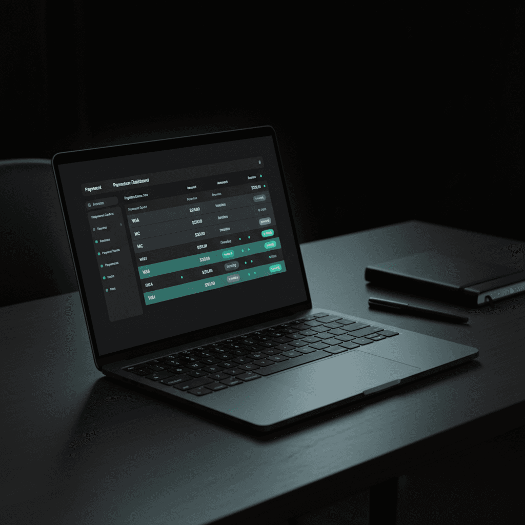 An operator laptop on a dark walnut desk showing a live bankroll pay floor dashboard