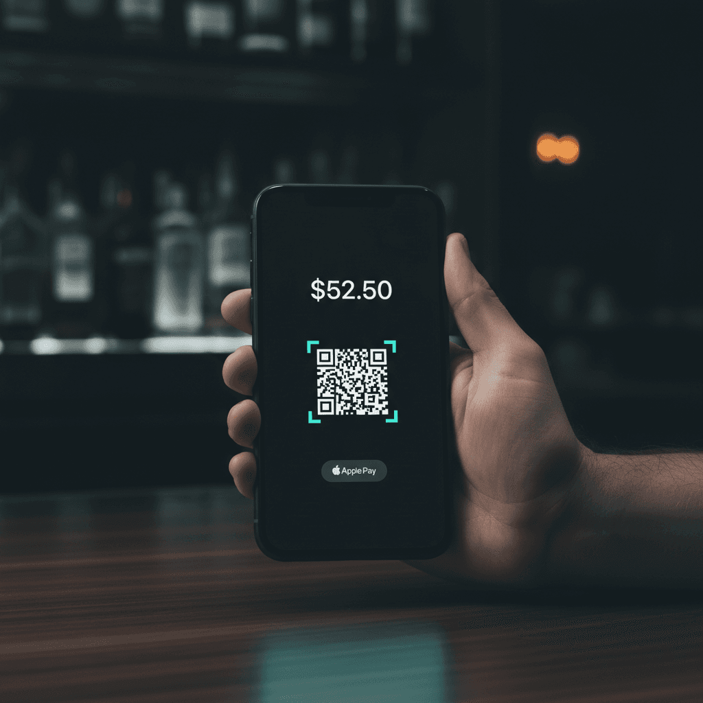 A customer paying at a dim-lit venue bar by scanning a bankroll pay QR code on their phone